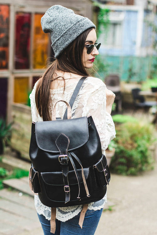 Black Leather Rucksack – Handmade Boho Backpack with 3 Front Pockets