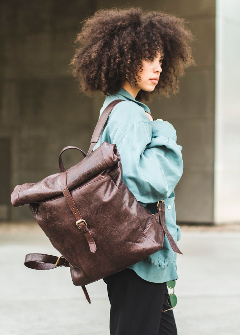Brown Leather Traveller's Rucksack Backpack With Roll Top