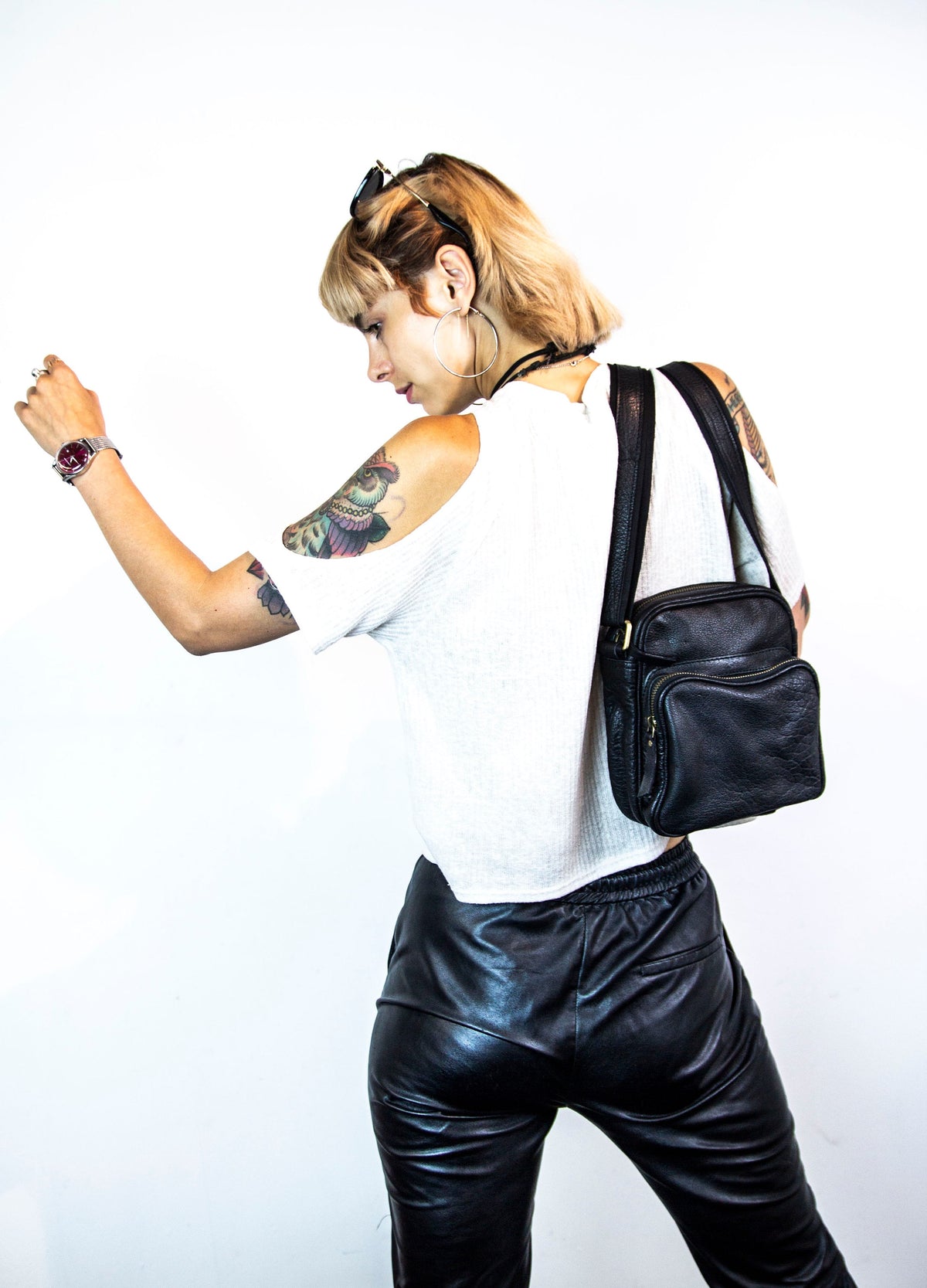 Black Leather Cross Body Flight Bag