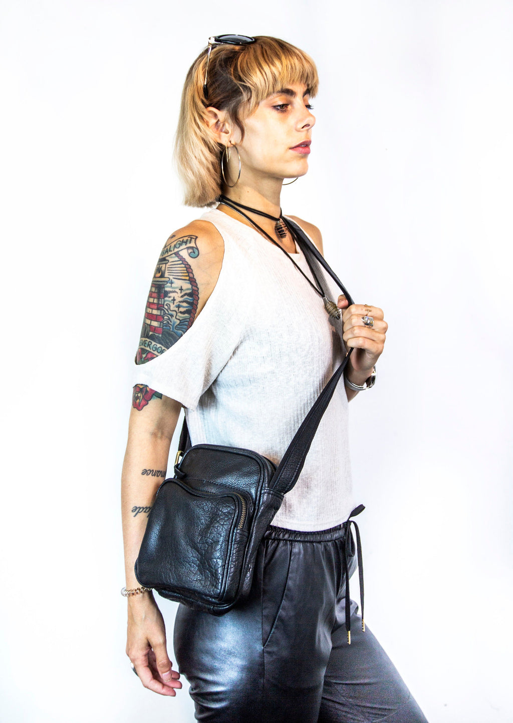 Black Leather Cross Body Flight Bag