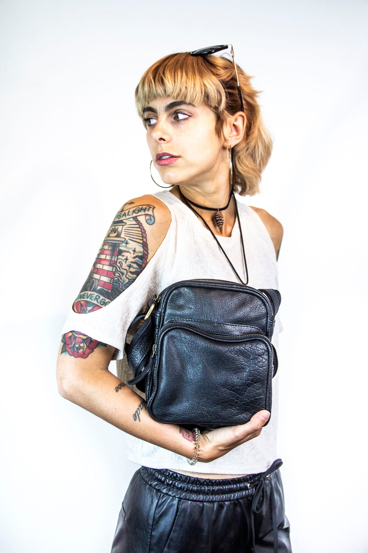 Black Leather Cross Body Flight Bag