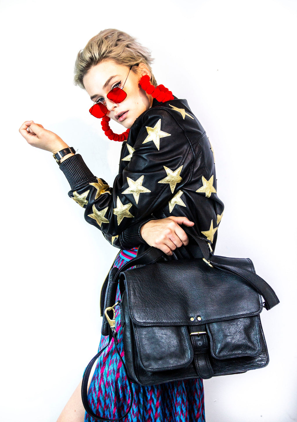 Black Leather Jacket With Hand Embossed Glitter Gold Stars
