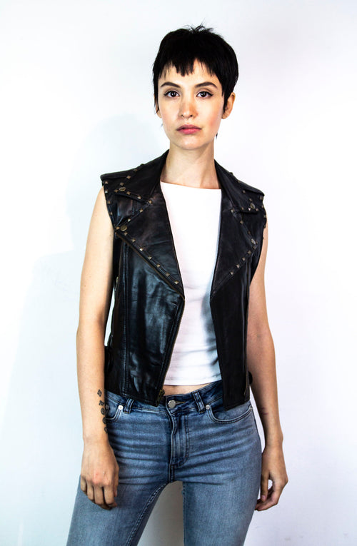 80's Style Classic Sleeveless Leather Biker Jacket