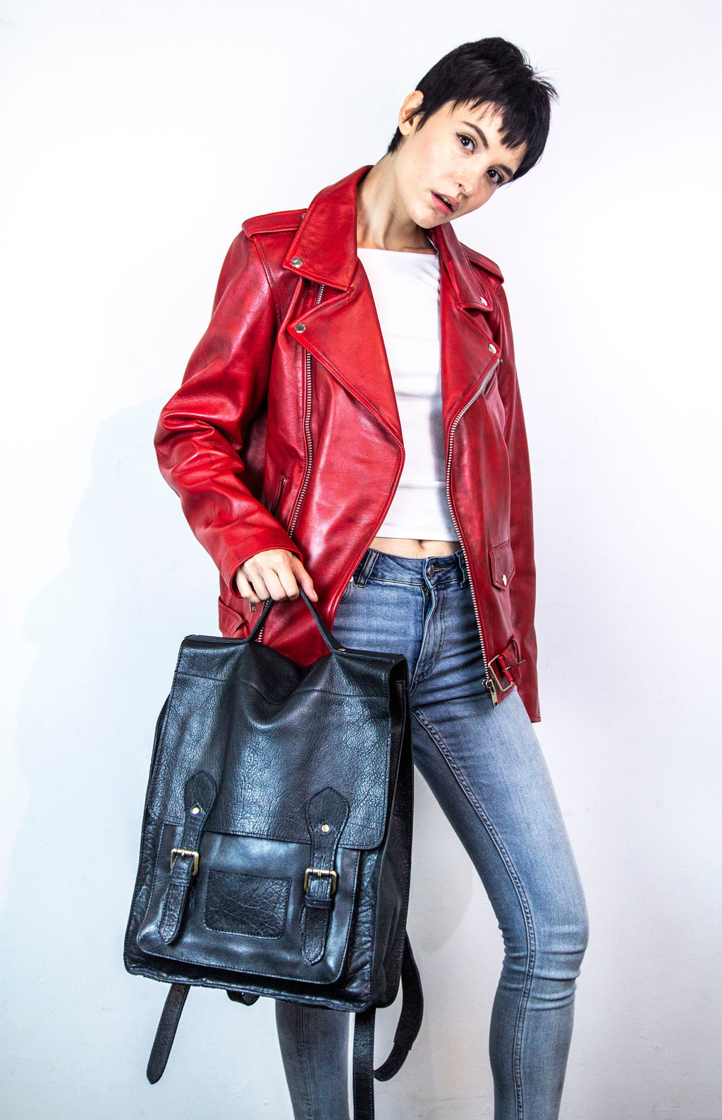 Grained Black Leather Work Backpack Rucksack