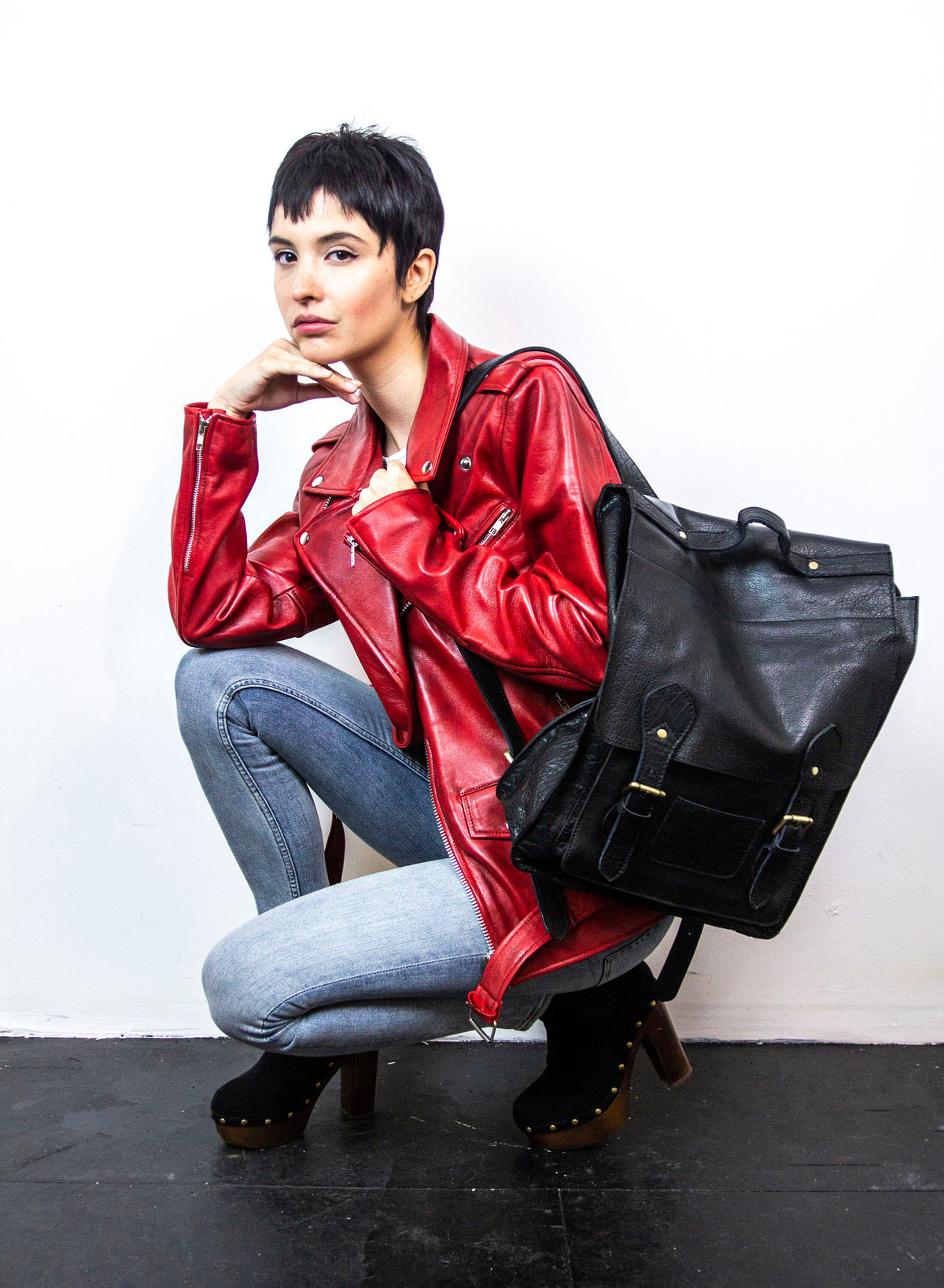 Grained Black Leather Work Backpack Rucksack