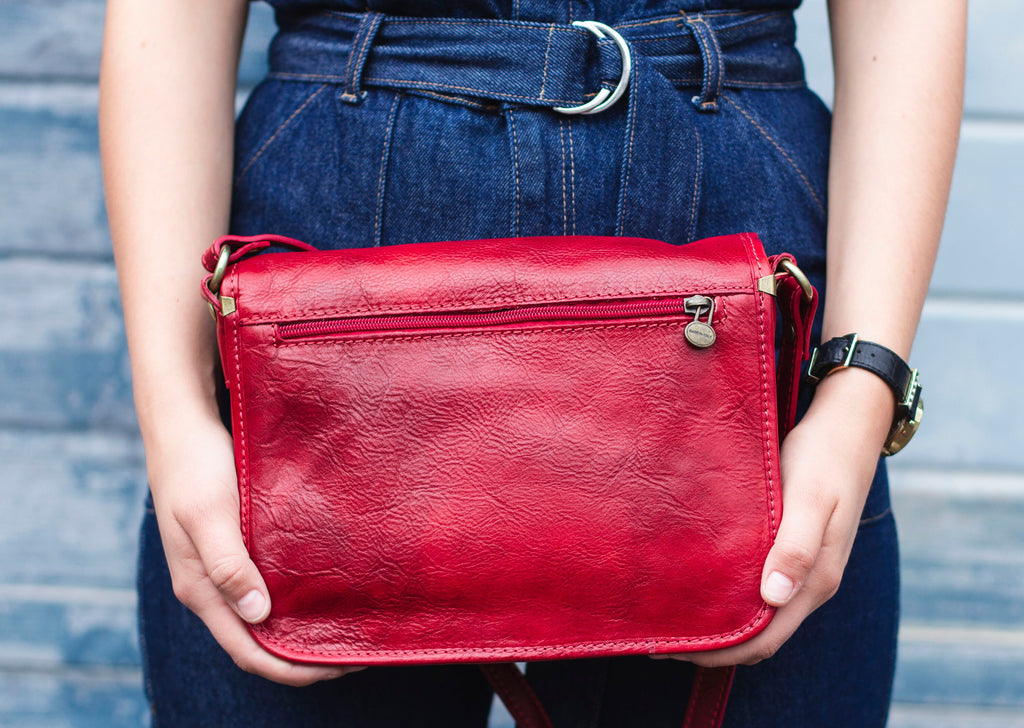 Leather Messenger Satchel In Burgundy Red Italian Cowhide