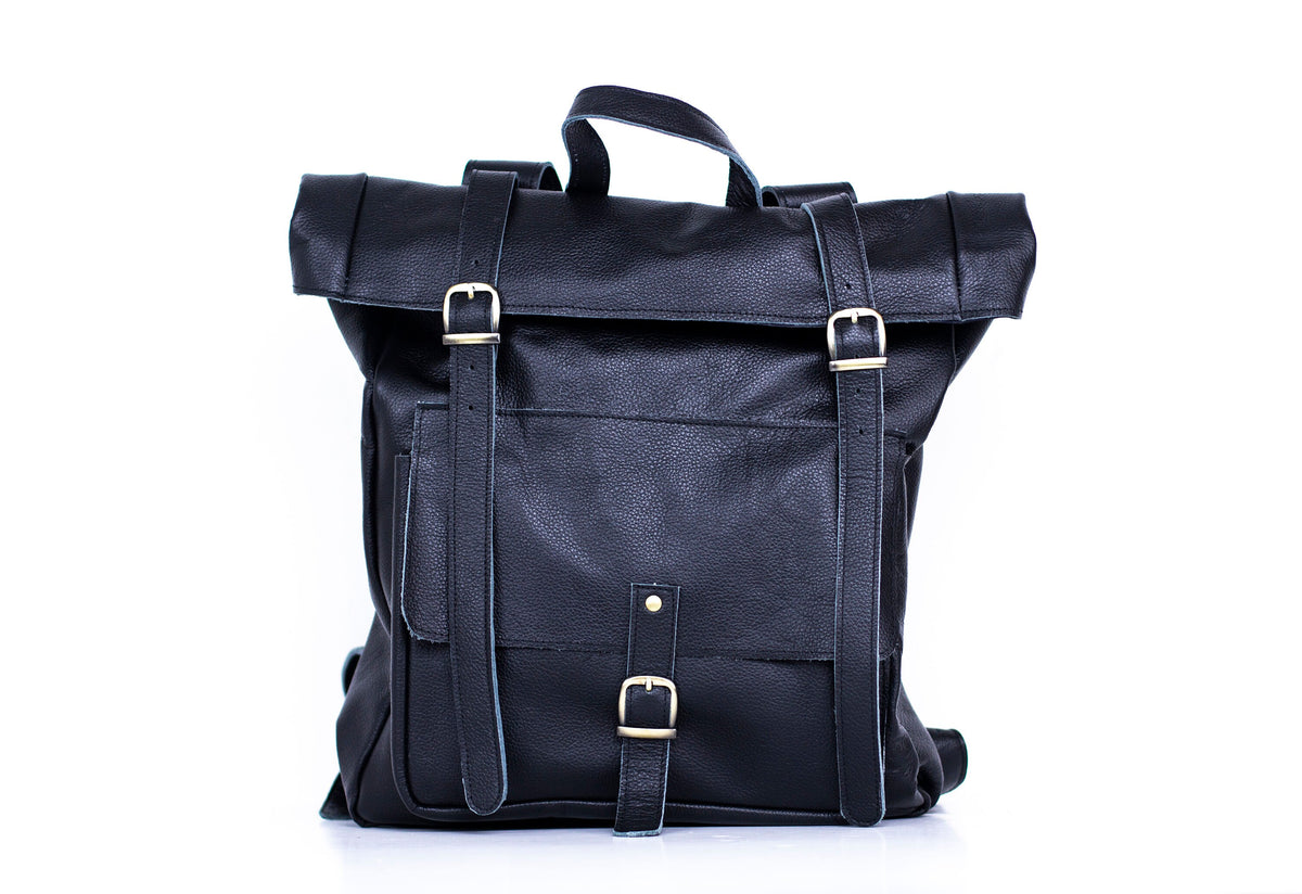 Grained Leather Roll Top Backpack In Stone Black