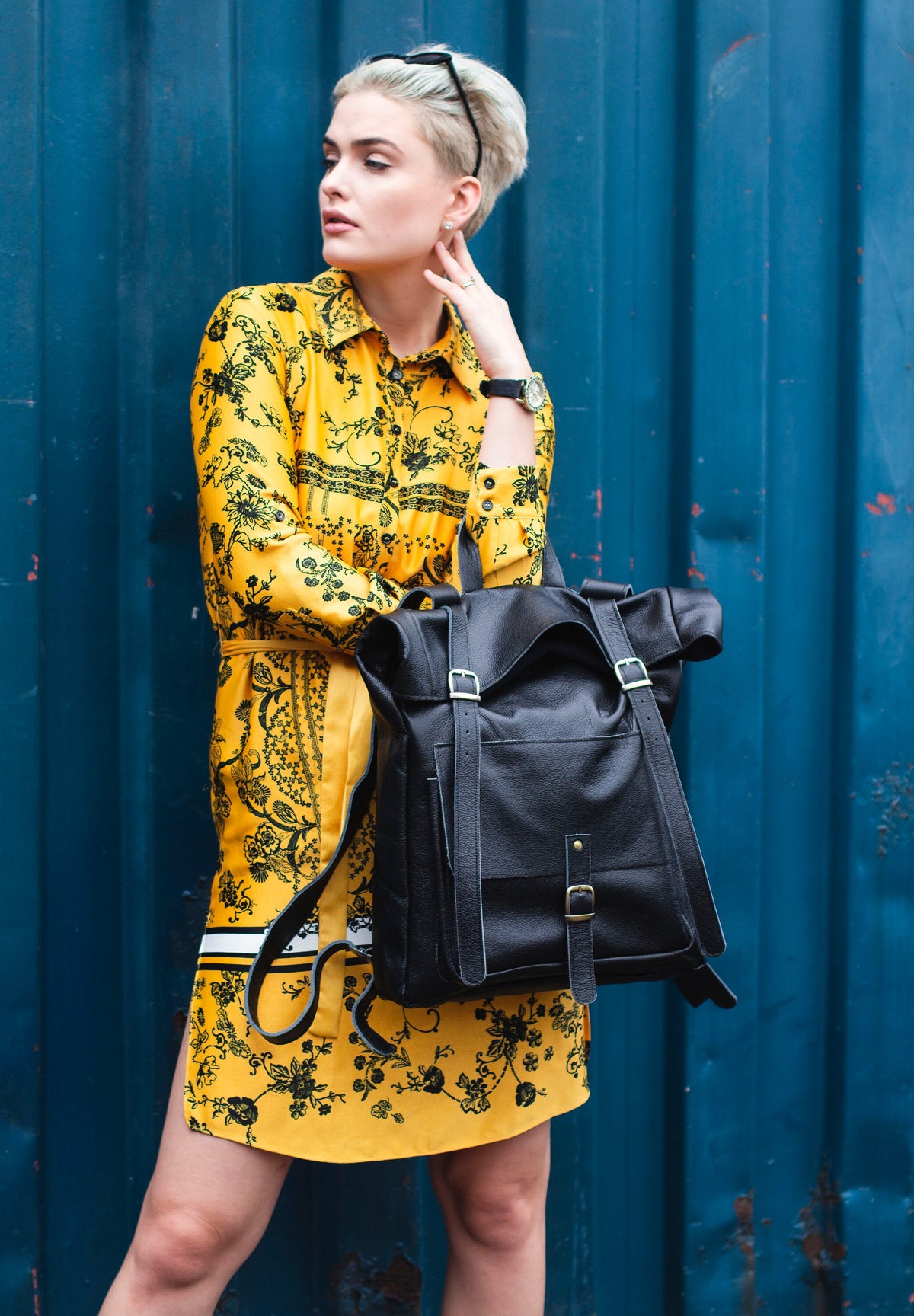 Grained Leather Roll Top Backpack In Stone Black