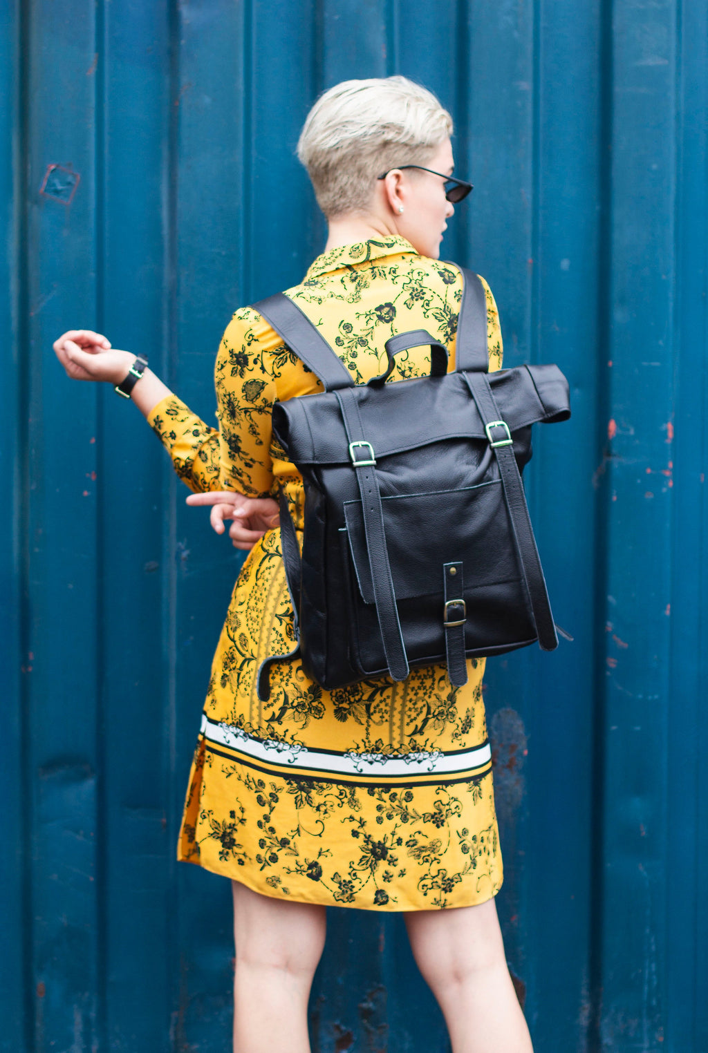 Grained Leather Roll Top Backpack In Stone Black
