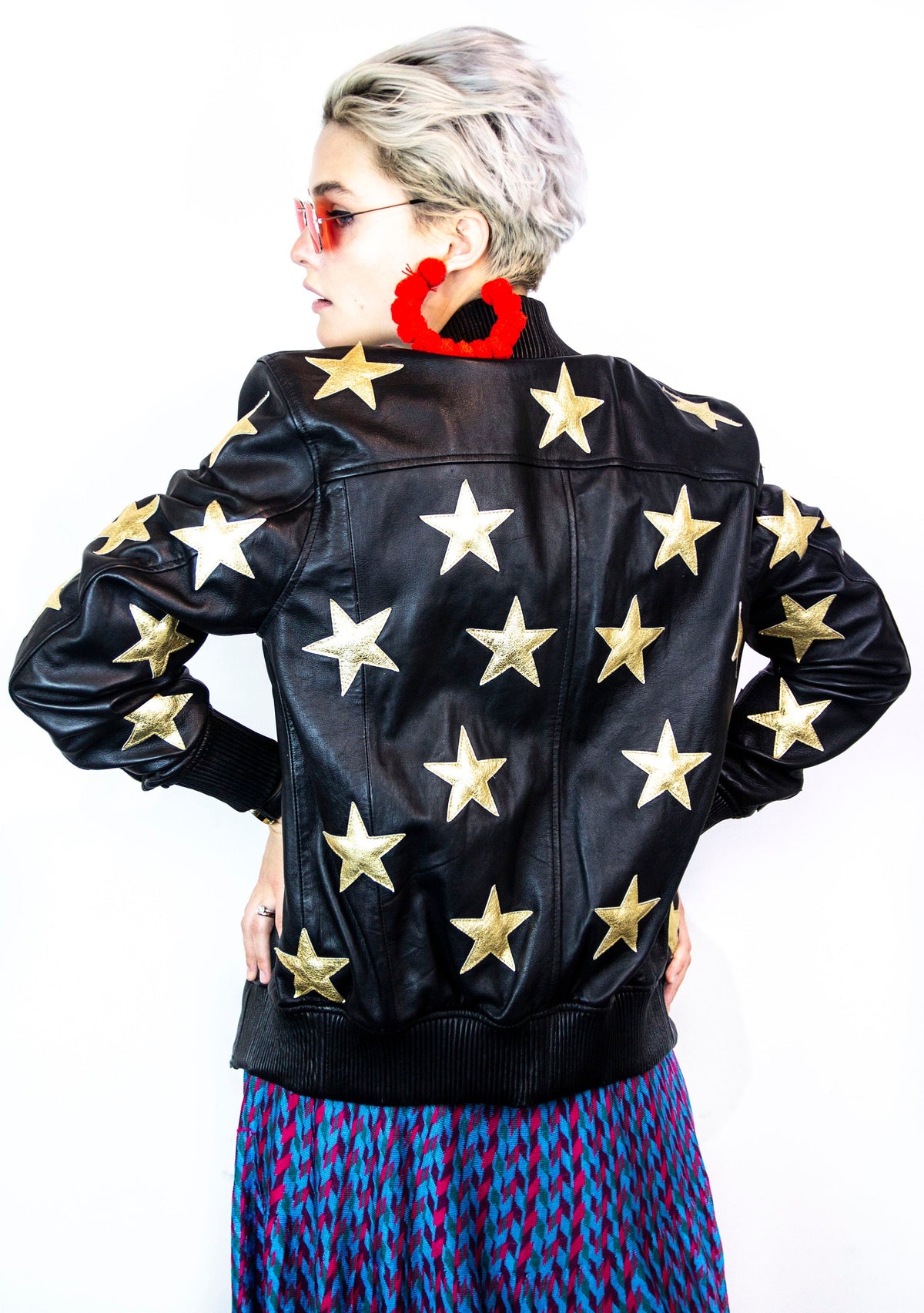 Black Leather Jacket With Hand Embossed Glitter Gold Stars