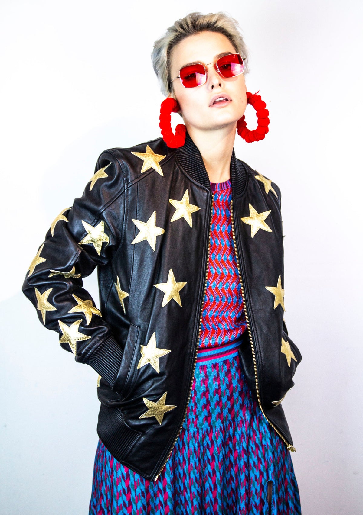 Black Leather Jacket With Hand Embossed Glitter Gold Stars