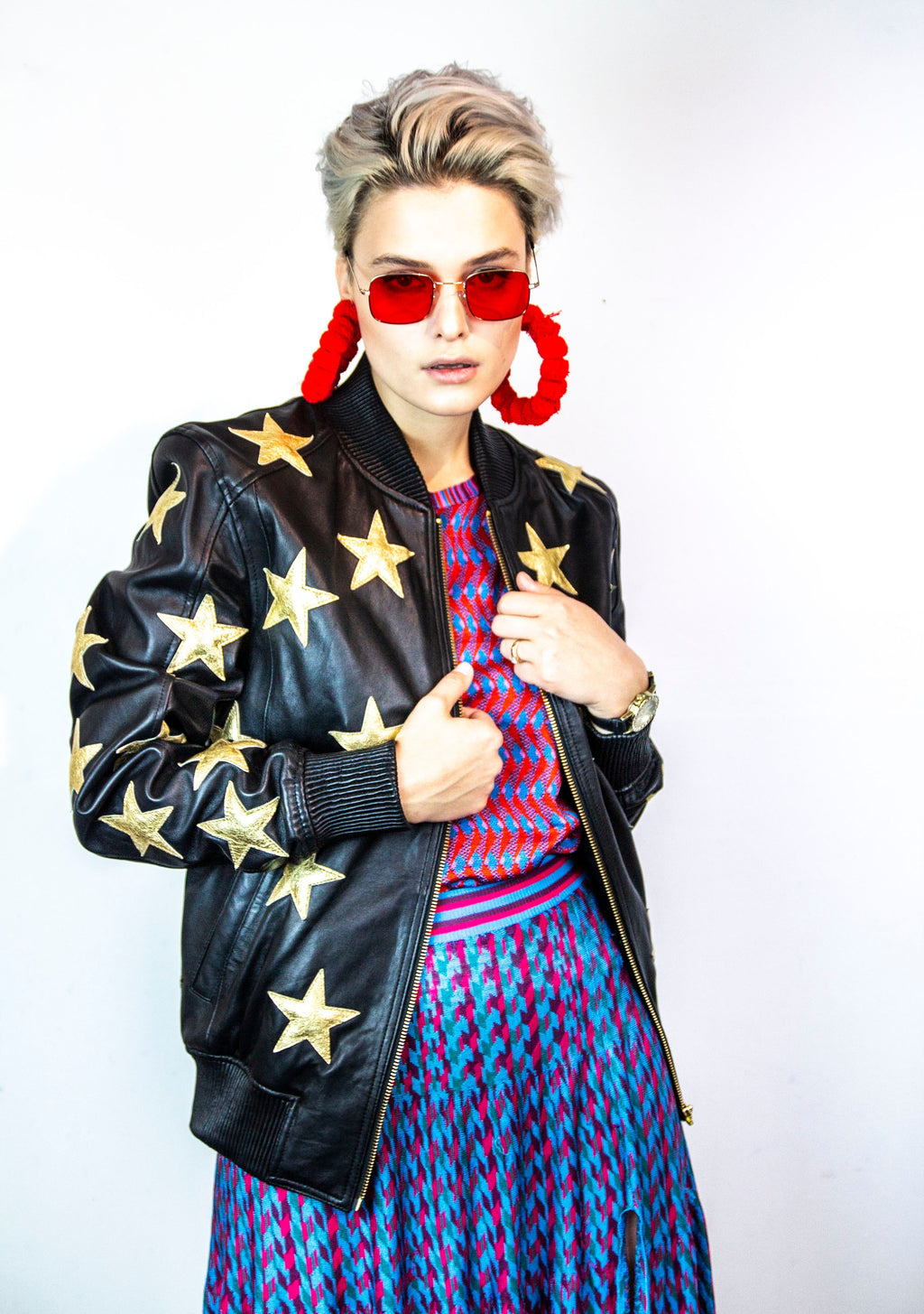 Black Leather Jacket With Hand Embossed Glitter Gold Stars