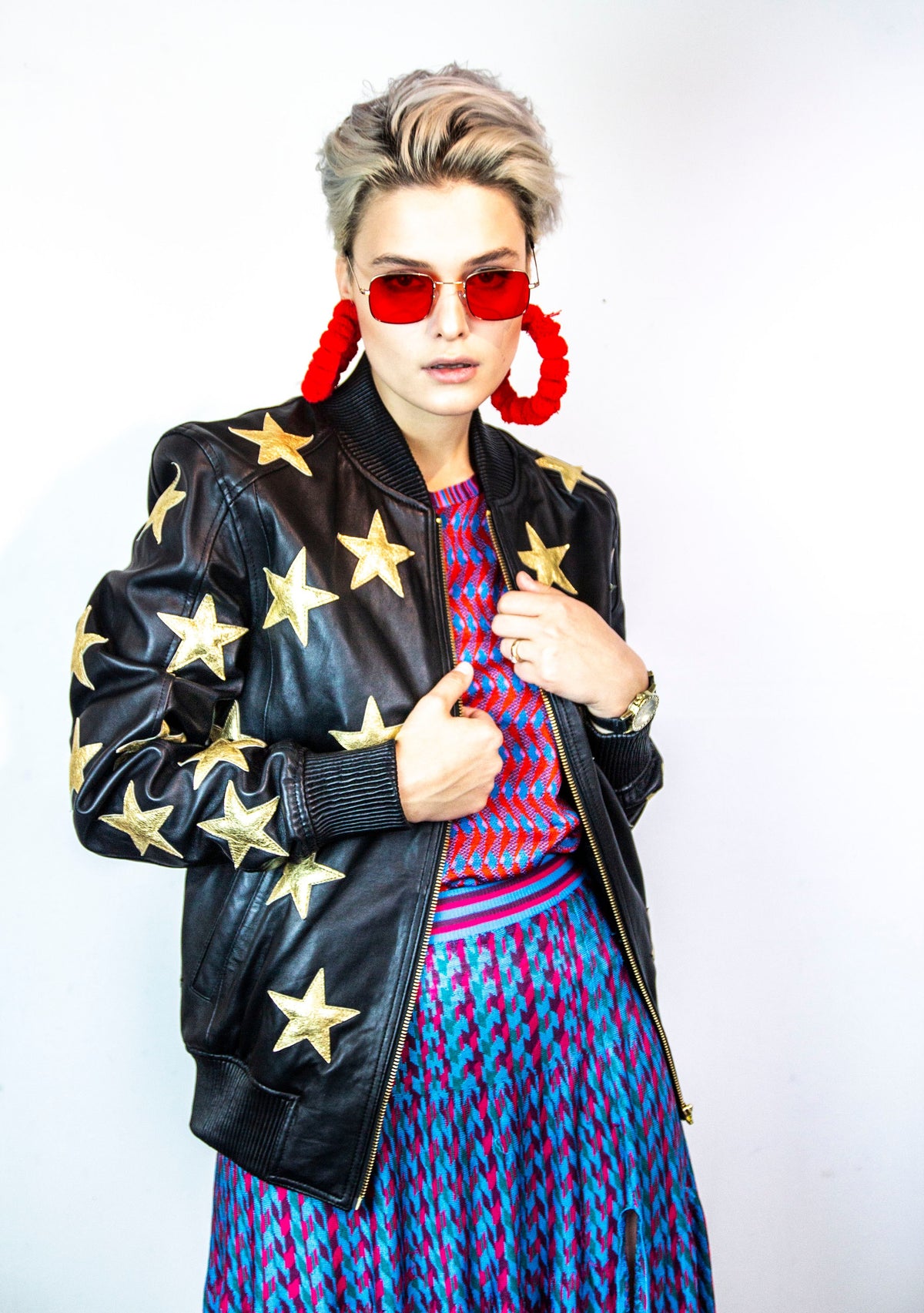 Black Leather Jacket With Hand Embossed Glitter Gold Stars