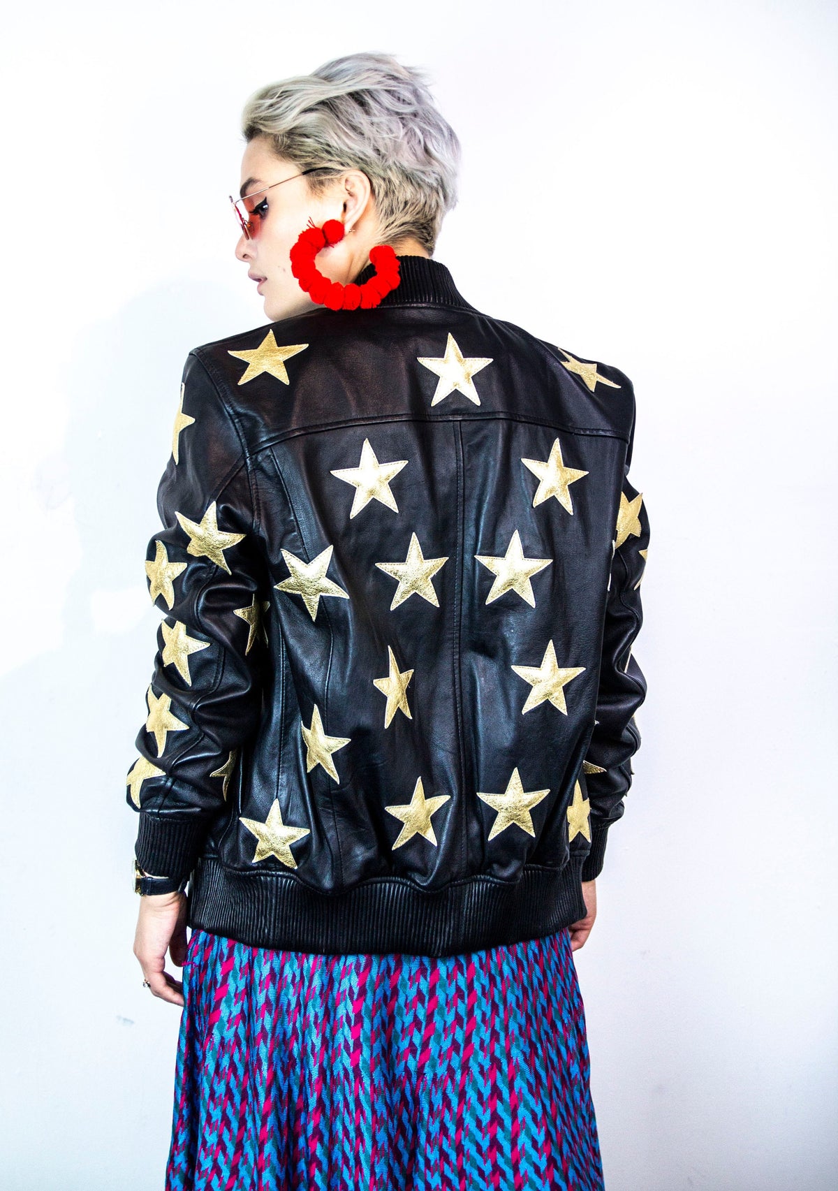 Black Leather Jacket With Hand Embossed Glitter Gold Stars