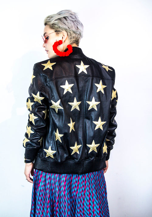 Black Leather Jacket With Hand Embossed Glitter Gold Stars