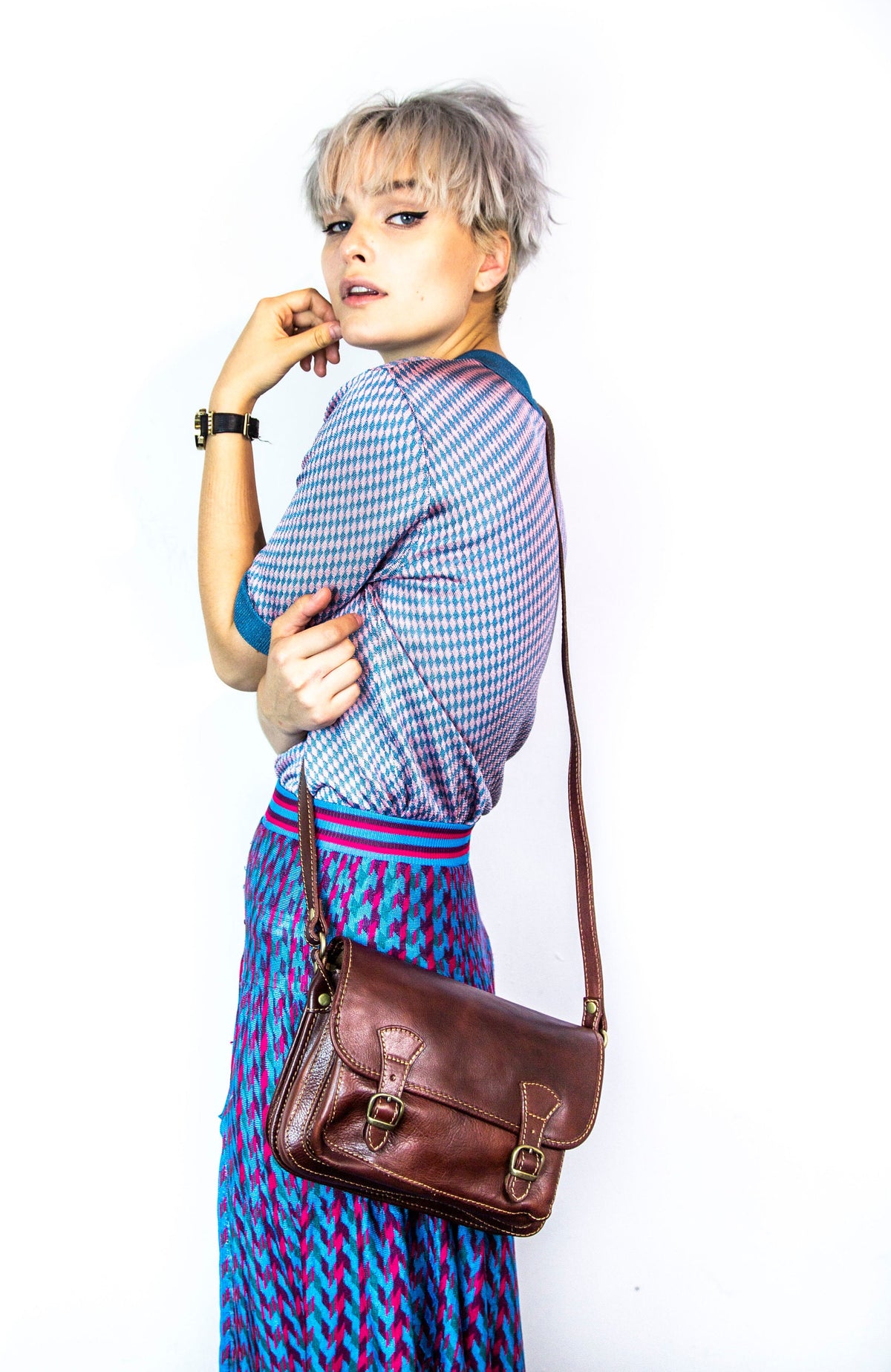 Leather Messenger Satchel In Dark Brown Italian Cowhide
