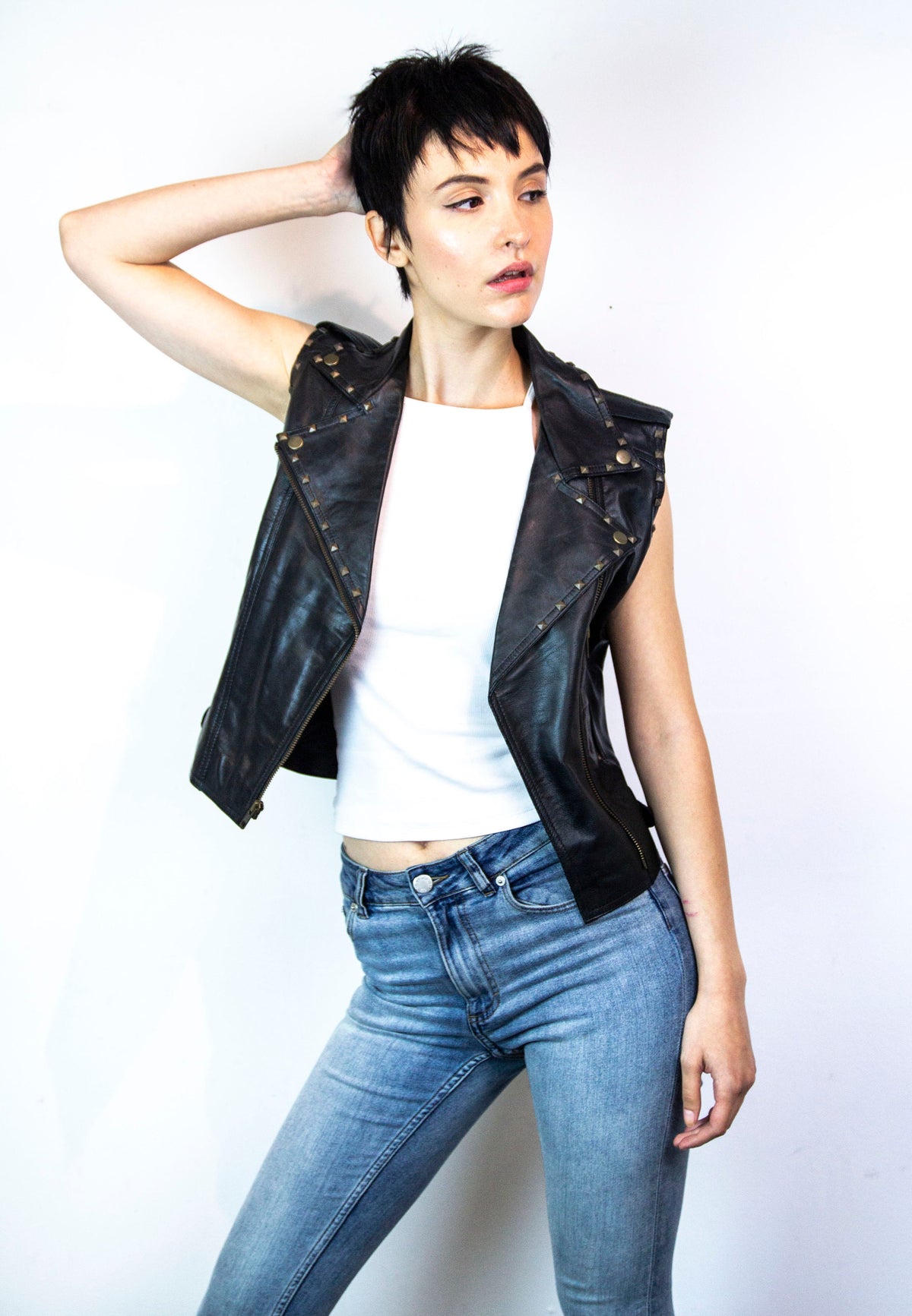 80's Style Classic Sleeveless Leather Biker Jacket
