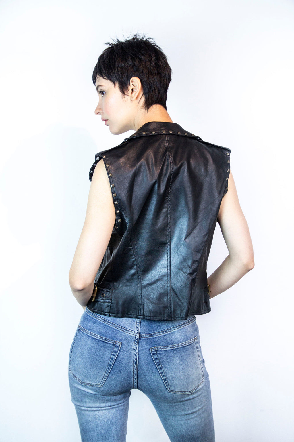 80's Style Classic Sleeveless Leather Biker Jacket