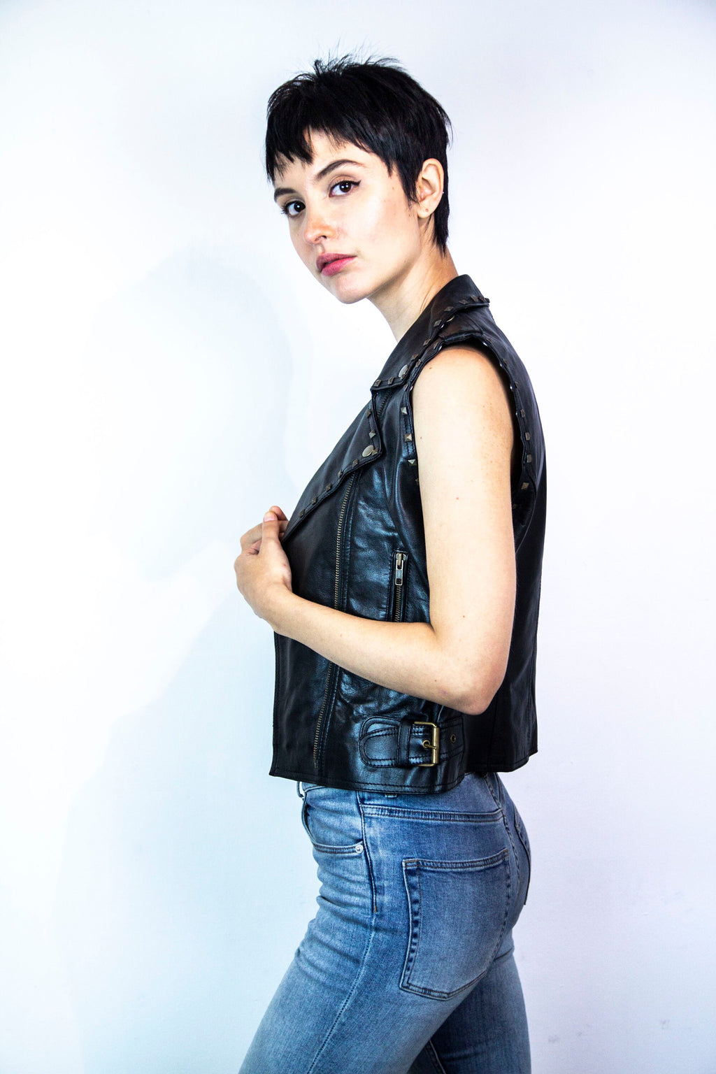 80's Style Classic Sleeveless Leather Biker Jacket