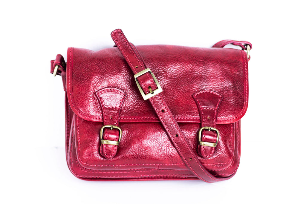 Leather Messenger Satchel In Burgundy Red Italian Cowhide