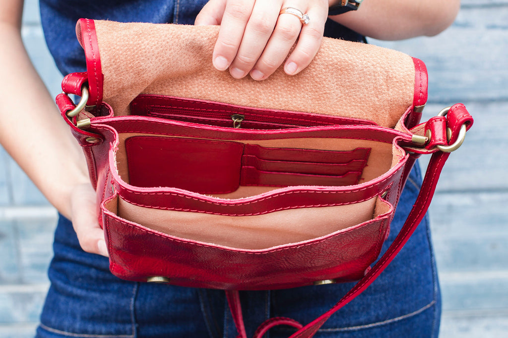 Leather Messenger Satchel In Burgundy Red Italian Cowhide