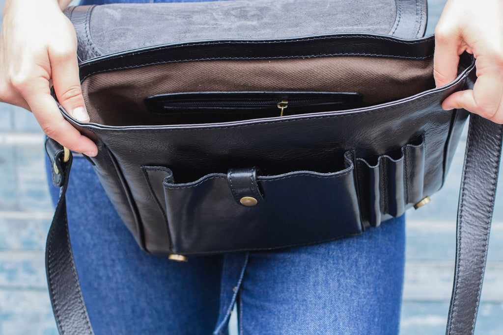 Matte Black Leather Laptop Bag Office Satchel