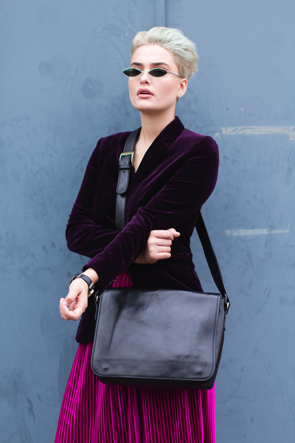Matte Black Leather Laptop Bag Office Satchel
