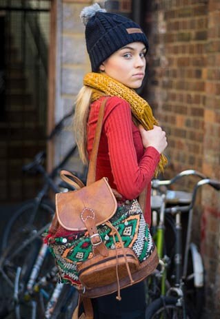 Bohemian Kilim Carpet and Moroccan Leather Rucksack