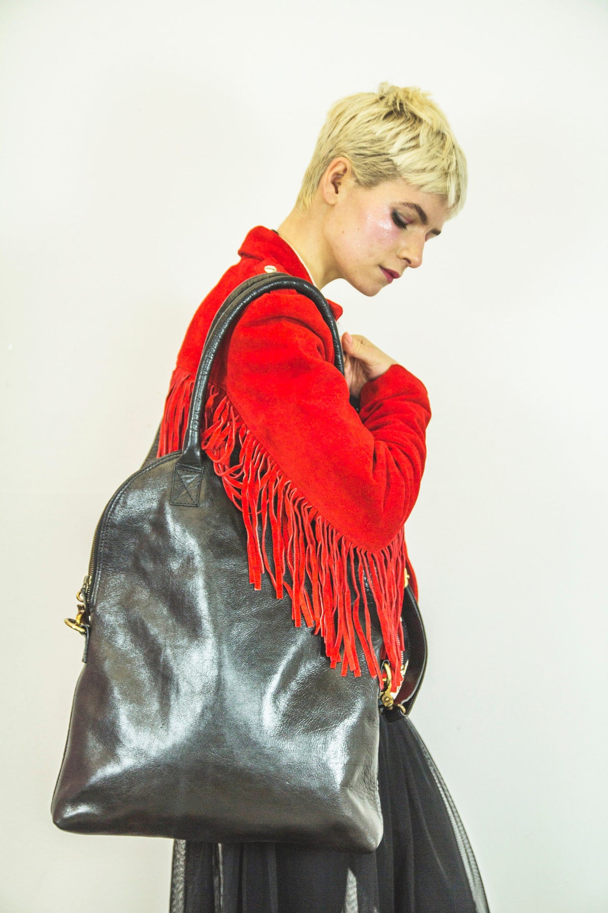 Luxury Black Leather Fold Over Tote Bag With Shoulder Straps