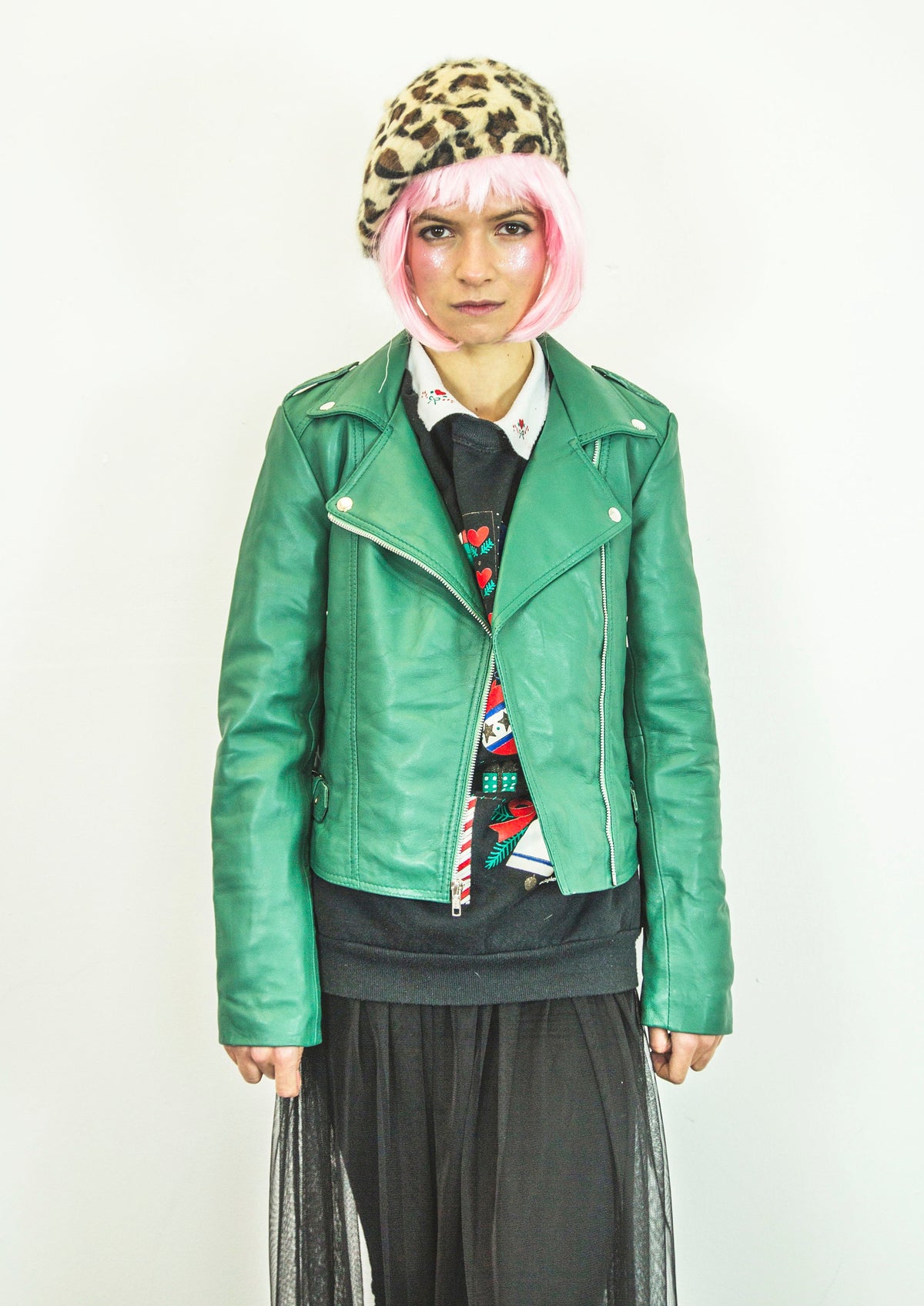 Leather Biker Jacket In Aqua Green