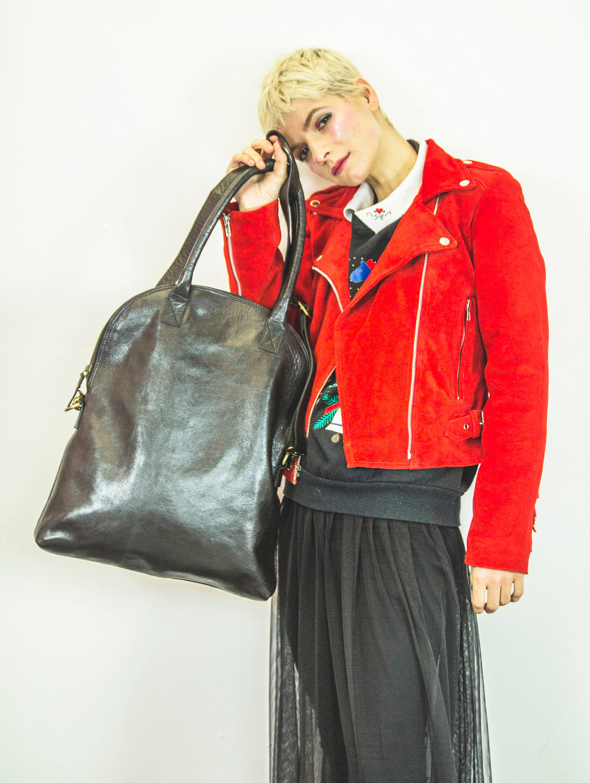 Luxury Black Leather Fold Over Tote Bag With Shoulder Straps