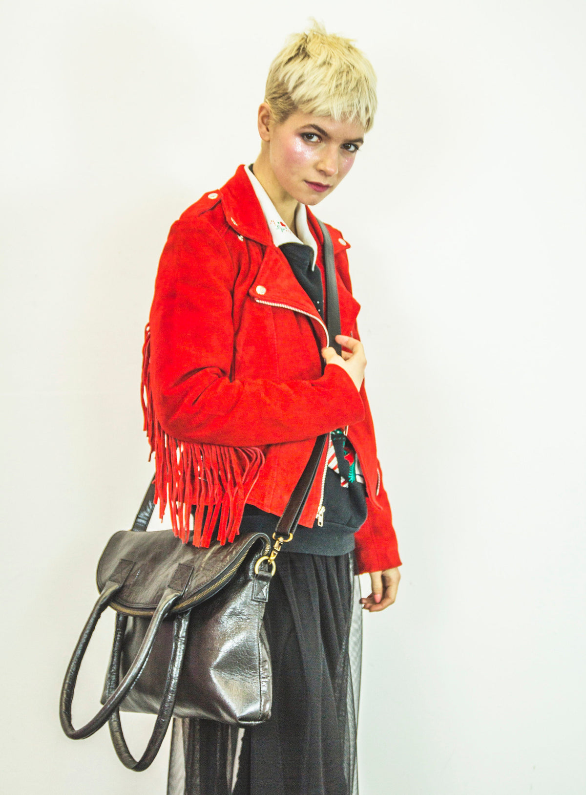 Luxury Black Leather Fold Over Tote Bag With Shoulder Straps
