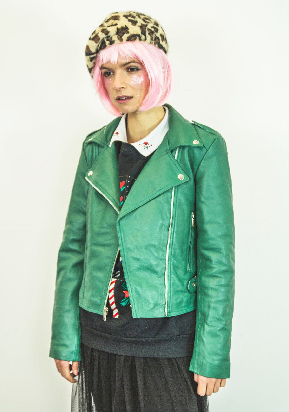 Leather Biker Jacket In Aqua Green