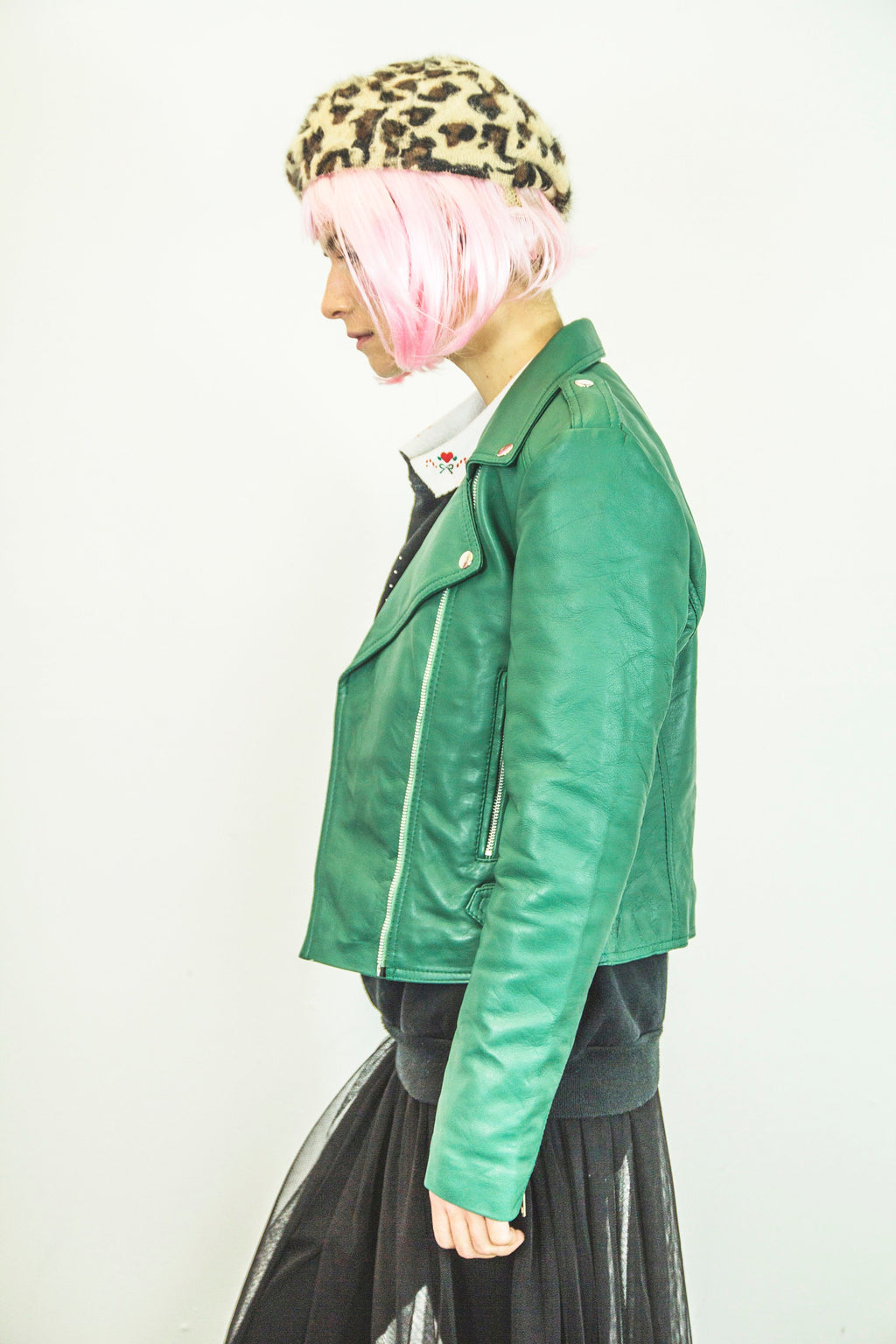 Leather Biker Jacket In Aqua Green