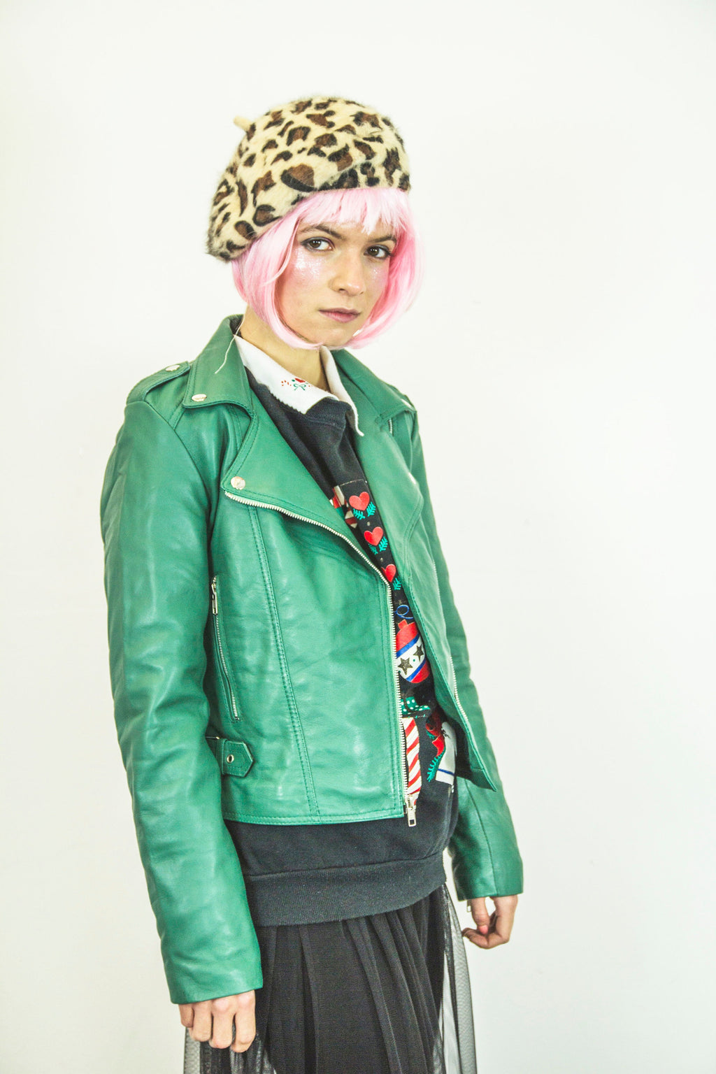 Leather Biker Jacket In Aqua Green