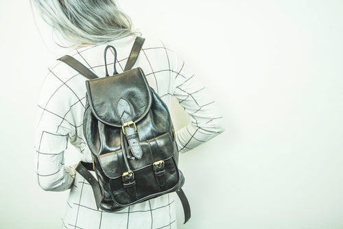 Black Soft Cowhide Leather Rucksack – Drawstring Backpack with Brass Buckles