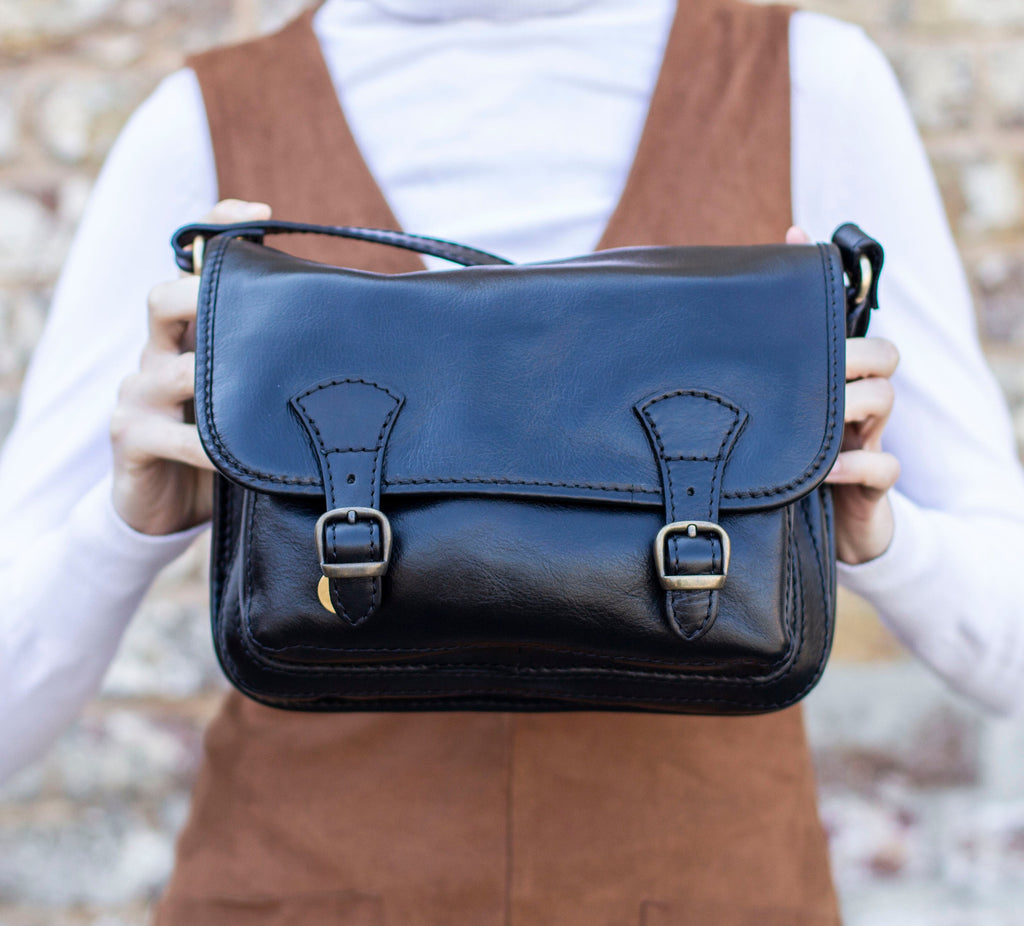 Leather Messenger Bag Satchel In Matte Black Cowhide