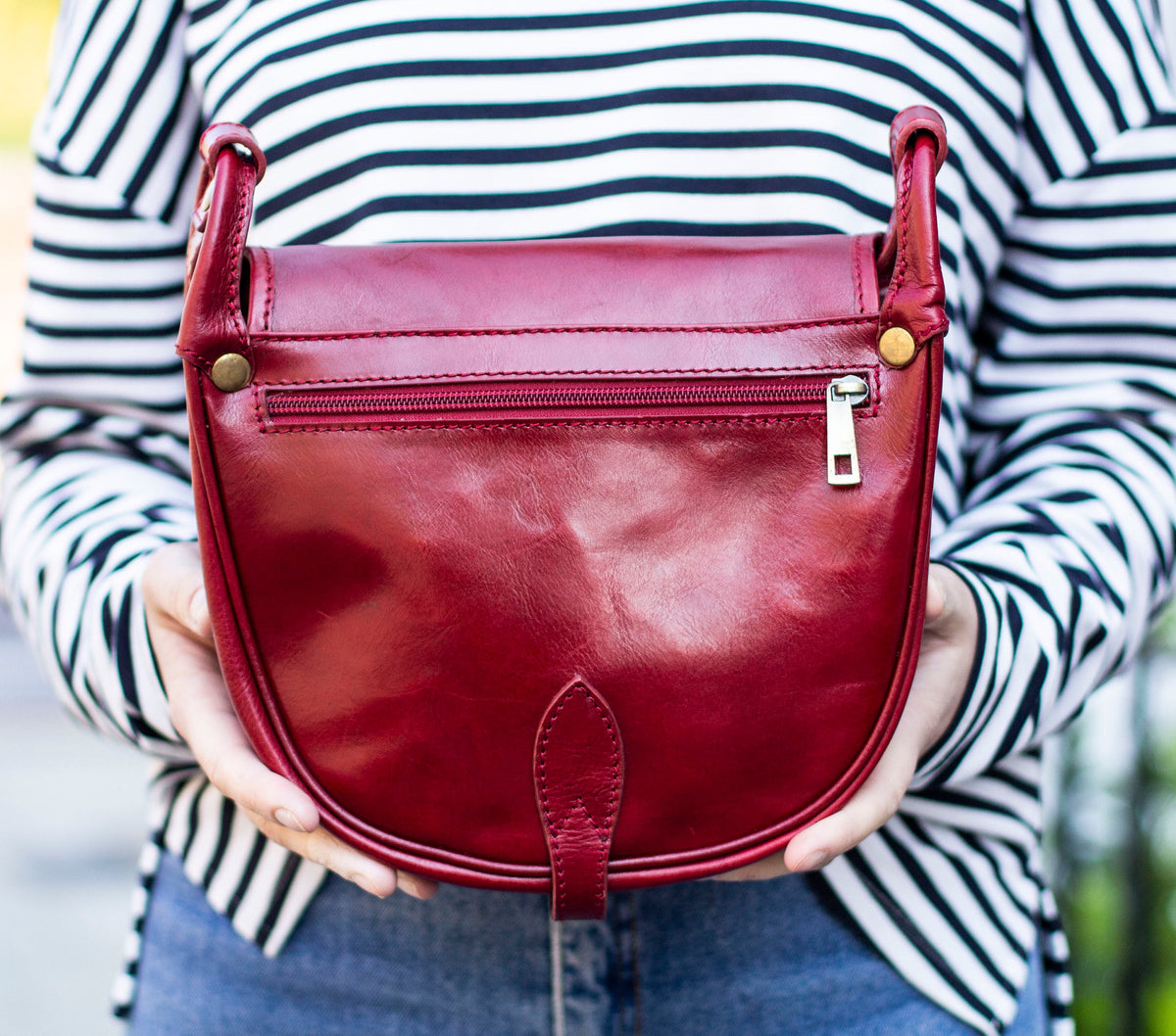 Leather Satchel Saddle Bag In Dark Red Burgundy