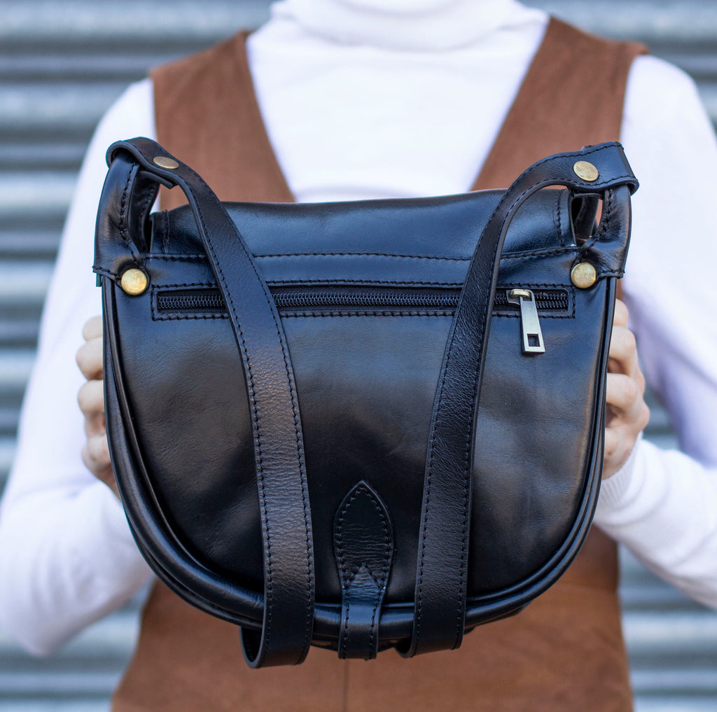 Leather Satchel Saddle Bag In Matte Black