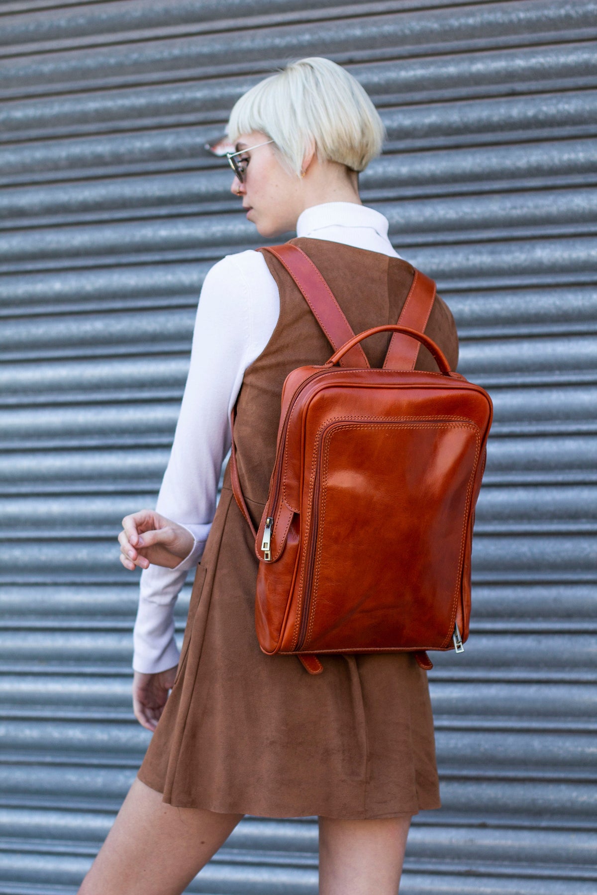 Leather Backpack In Matte Brown With Pockets