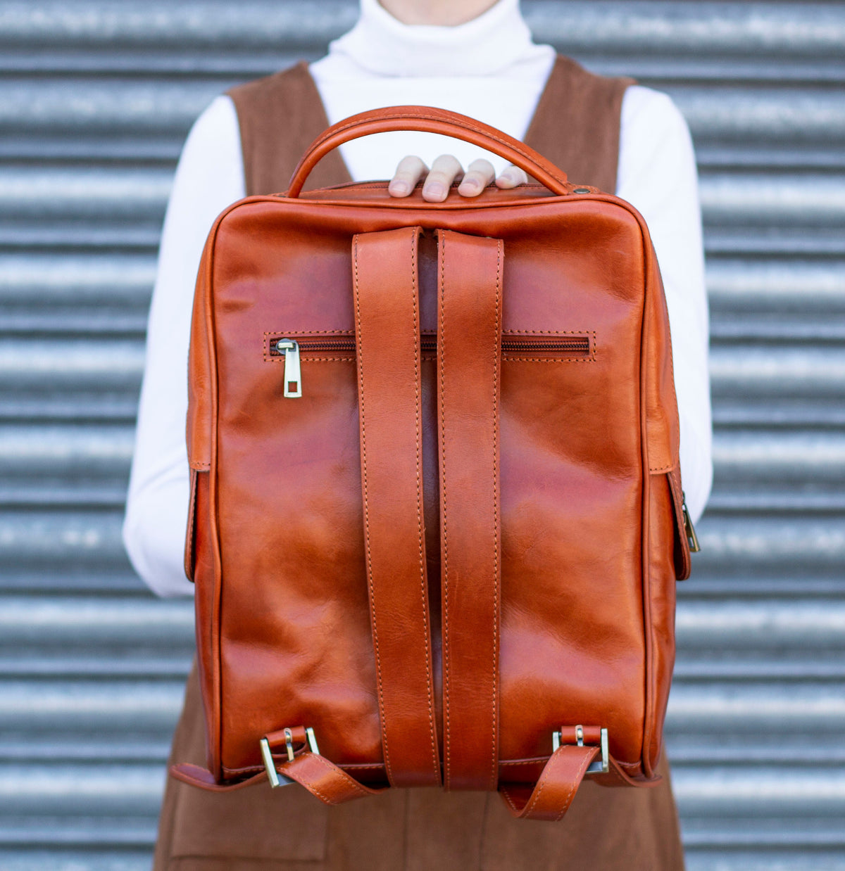 Leather Backpack In Matte Brown With Pockets