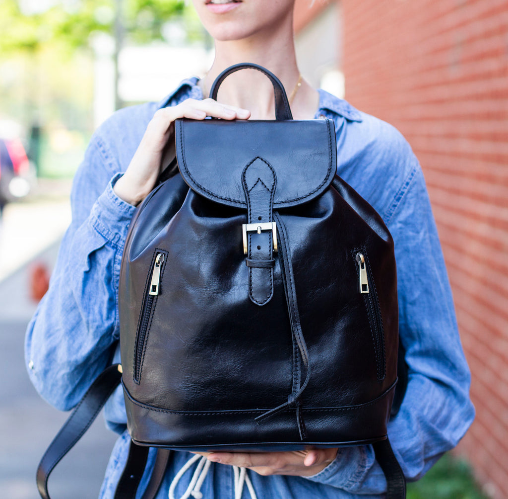 Leather Backpack With Pockets In Matte Black