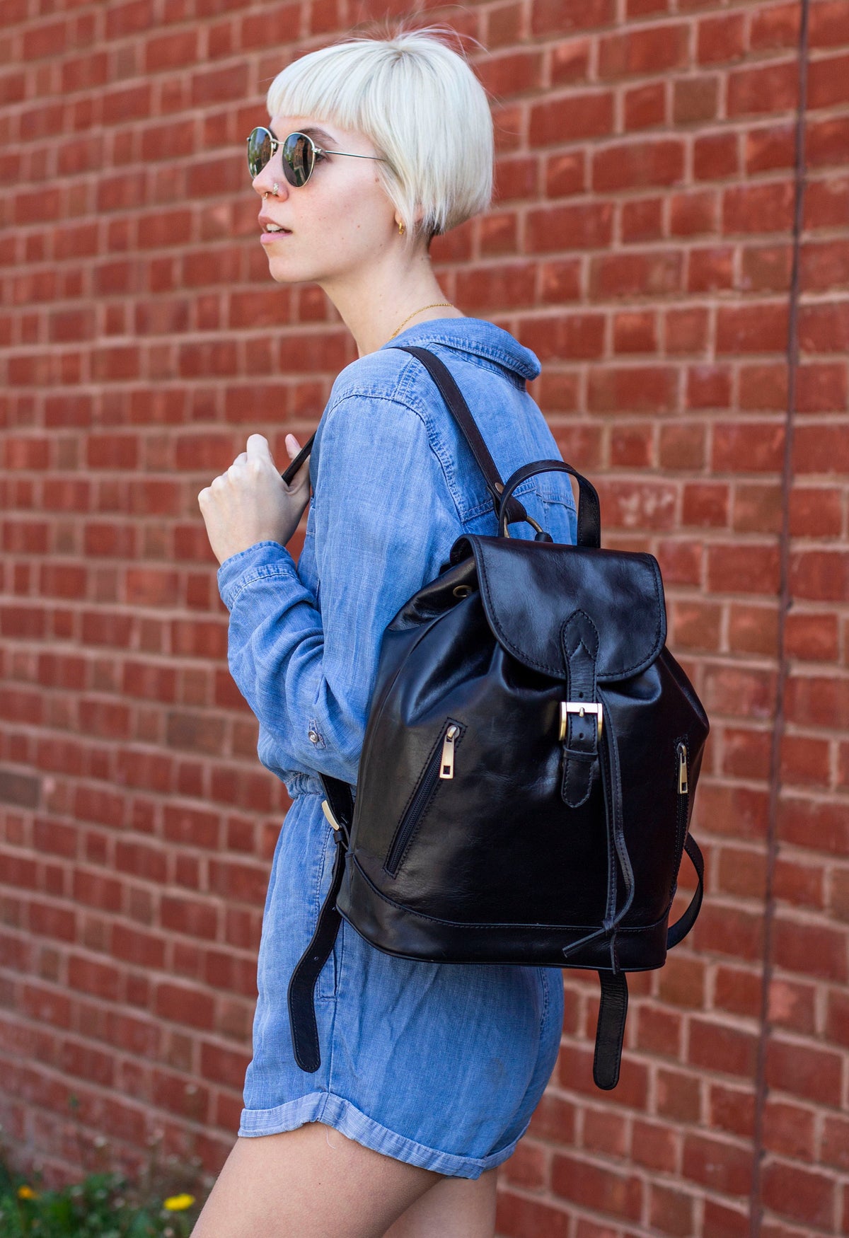 Leather Backpack With Pockets In Matte Black