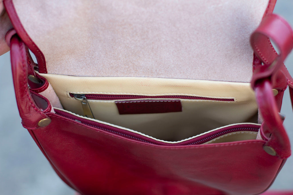 Leather Satchel Saddle Bag In Dark Red Burgundy