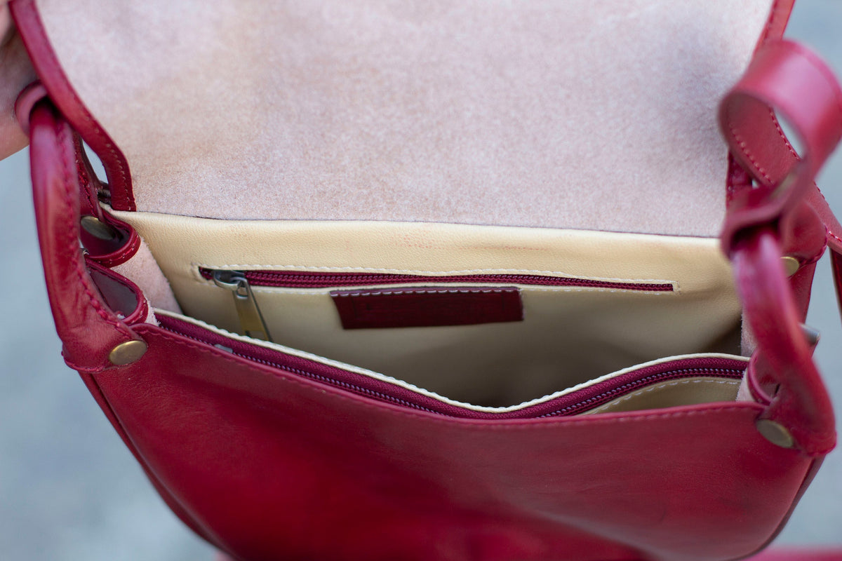 Leather Satchel Saddle Bag In Dark Red Burgundy