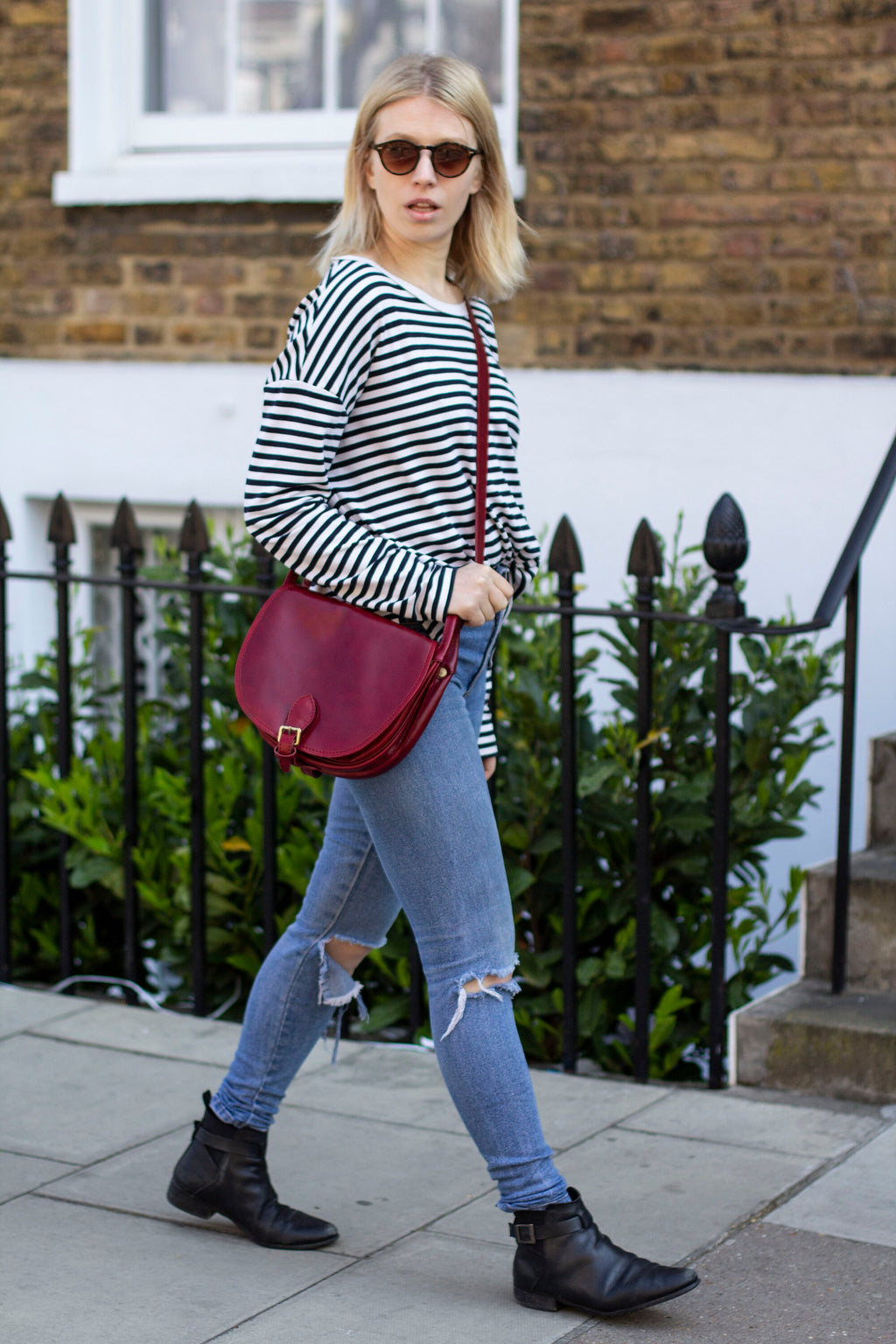Leather Satchel Saddle Bag In Dark Red Burgundy