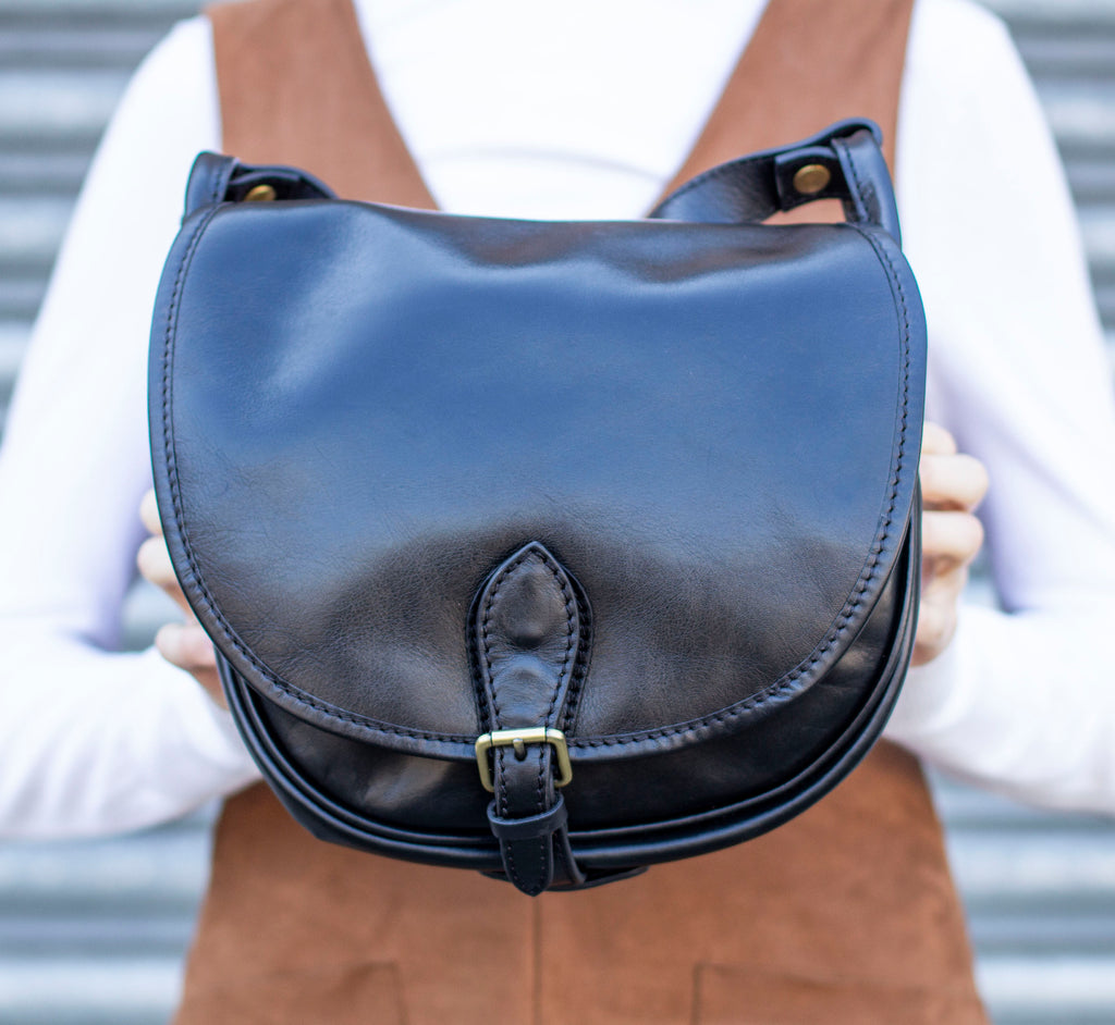 Leather Satchel Saddle Bag In Matte Black