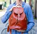 Leather Backpack With Pockets In Matte Tan Brown