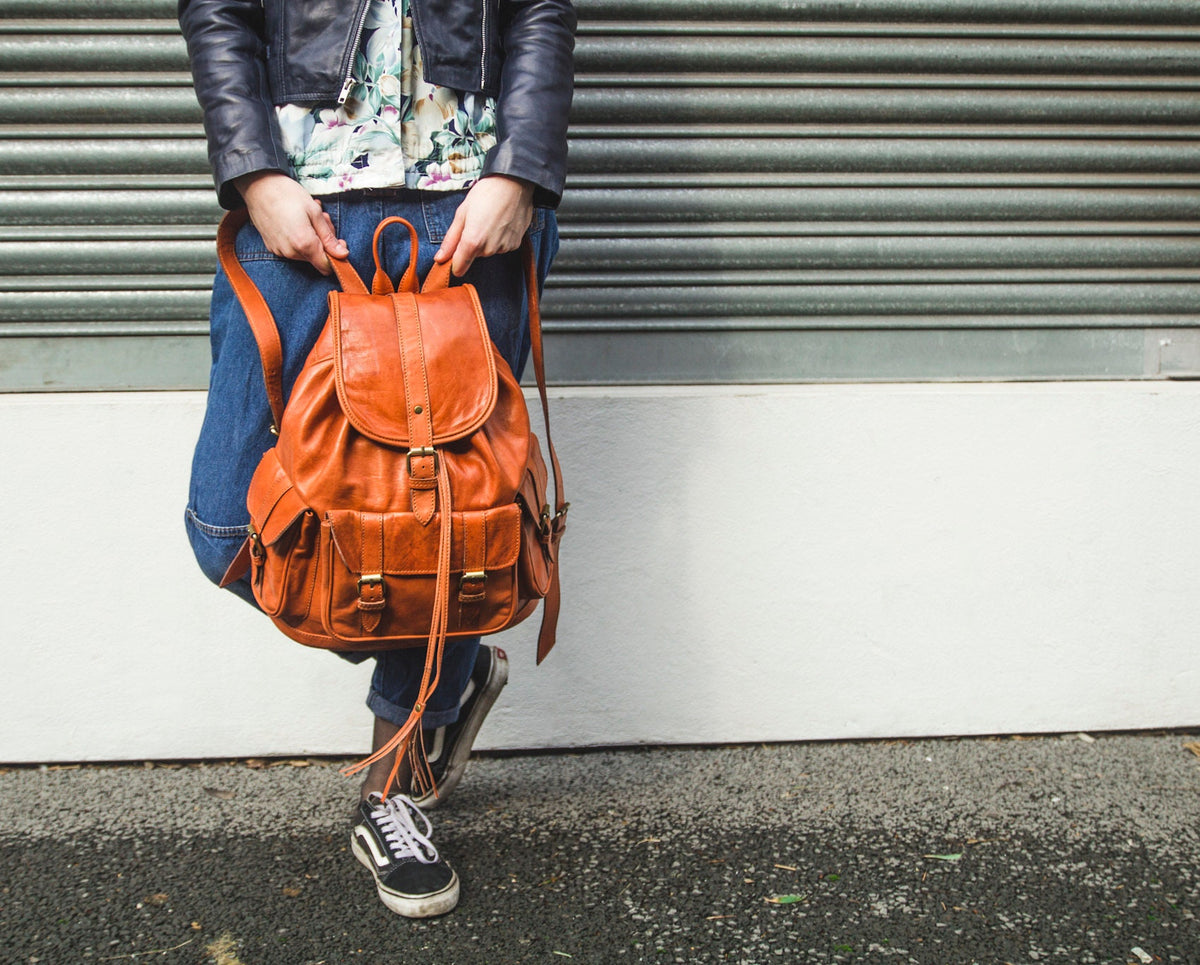 Tan Orange Leather Rucksack Backpack Soft