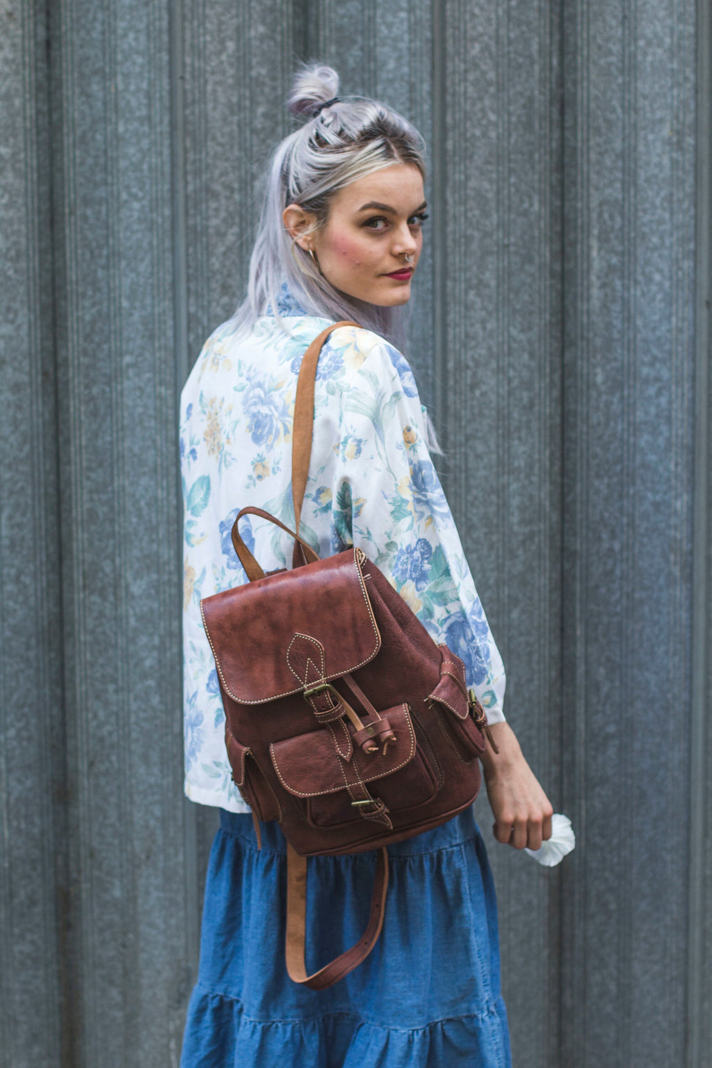 Brown Leather Rucksack Backpack 80's Festival Style